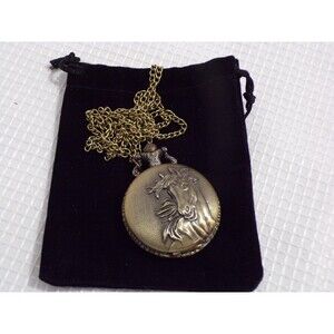 Horse Quartz Pocket Watch Gold Tone 30" Chain w/Claw Hook Very Detailed Vintage